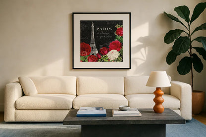 Rouge Paris II Black by Katie Pertiet. Displayed in a glass frame with matte in a clean modern living room. Available as an archival giclee rolled canvas, fine art paper, or poster print. SKU 43778a.