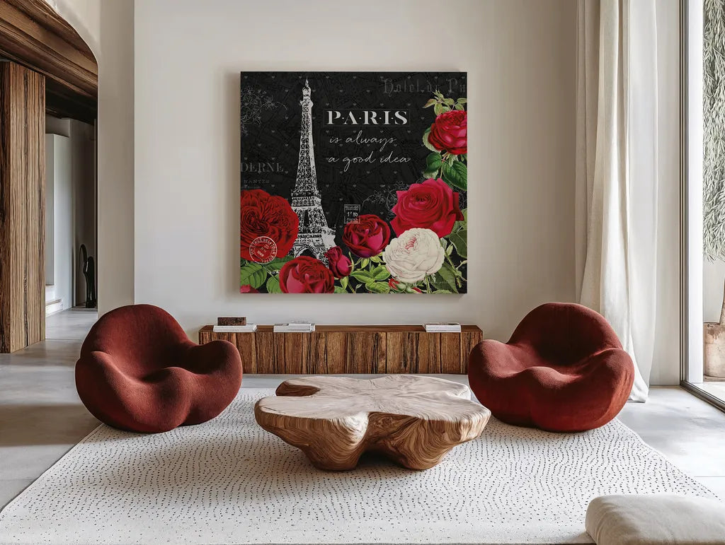 Rouge Paris II Black by Katie Pertiet. Shown as extra-large giant wall art in a modern living room. Available as an archival giclee rolled canvas, fine art paper, or poster print. SKU 43778a.