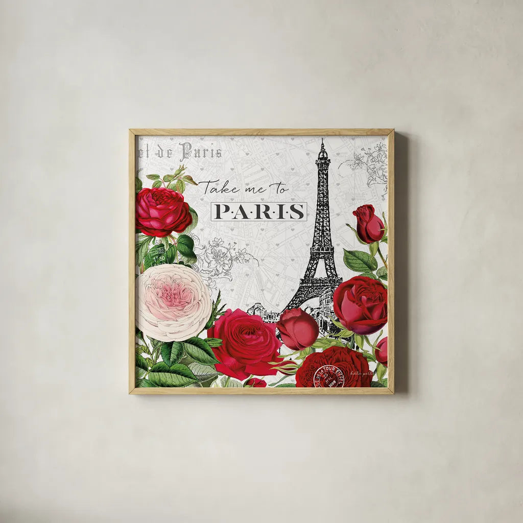 Rouge Paris III by Katie Pertiet. Shown in a natural wood glass frame for a timeless modern aesthetic. Available as an archival giclee rolled canvas, fine art paper, or poster print. SKU 43776a.