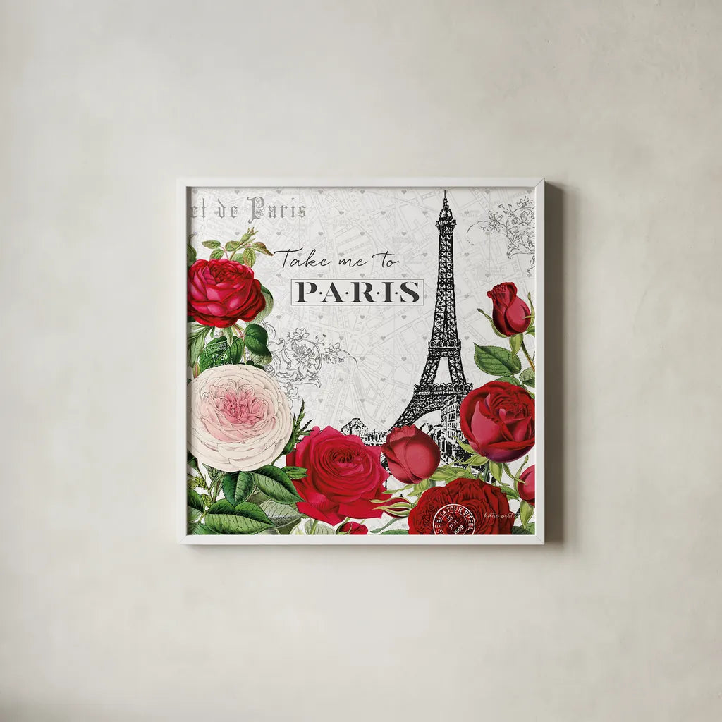 Rouge Paris III by Katie Pertiet. Shown in a crisp white glass frame for a clean and minimalist style. Available as an archival giclee rolled canvas, fine art paper, or poster print. SKU 43776a.