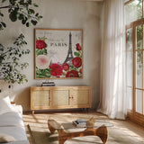 Rouge Paris III by Katie Pertiet. Shown in a natural wood frame in a cozy modern living room. Available as an archival giclee rolled canvas, fine art paper, or poster print. SKU 43776a.