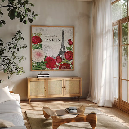 Rouge Paris III by Katie Pertiet. Shown in a natural wood frame in a cozy modern living room. Available as an archival giclee rolled canvas, fine art paper, or poster print. SKU 43776a.