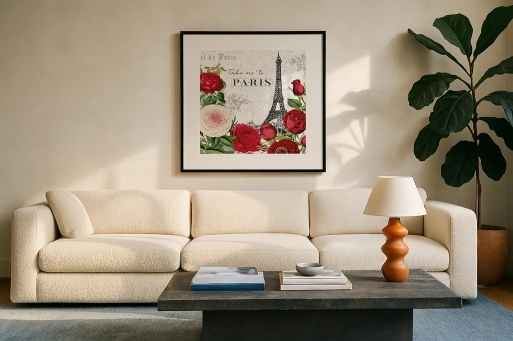 Rouge Paris III by Katie Pertiet. Displayed in a glass frame with matte in a clean modern living room. Available as an archival giclee rolled canvas, fine art paper, or poster print. SKU 43776a.