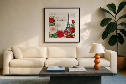 Rouge Paris III by Katie Pertiet. Displayed in a glass frame with matte in a clean modern living room. Available as an archival giclee rolled canvas, fine art paper, or poster print. SKU 43776a.