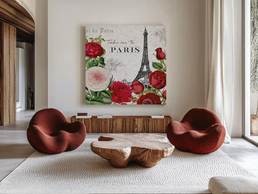 Rouge Paris III by Katie Pertiet. Shown as extra-large giant wall art in a modern living room. Available as an archival giclee rolled canvas, fine art paper, or poster print. SKU 43776a.