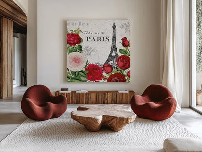 Rouge Paris III by Katie Pertiet. Shown as extra-large giant wall art in a modern living room. Available as an archival giclee rolled canvas, fine art paper, or poster print. SKU 43776a.