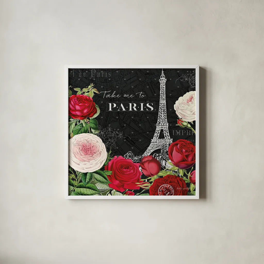 Rouge Paris III Black by Katie Pertiet. Shown in a crisp white glass frame for a clean and minimalist style. Available as an archival giclee rolled canvas, fine art paper, or poster print. SKU 43779a.