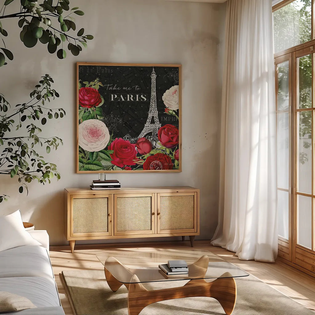 Rouge Paris III Black by Katie Pertiet. Shown in a natural wood frame in a cozy modern living room. Available as an archival giclee rolled canvas, fine art paper, or poster print. SKU 43779a.