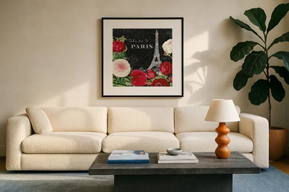 Rouge Paris III Black by Katie Pertiet. Displayed in a glass frame with matte in a clean modern living room. Available as an archival giclee rolled canvas, fine art paper, or poster print. SKU 43779a.
