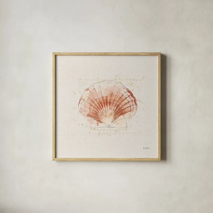 Shell Collector IV by Katie Pertiet. Shown in a natural wood glass frame for a timeless modern aesthetic. Available as an archival giclee rolled canvas, fine art paper, or poster print. SKU 29929a.