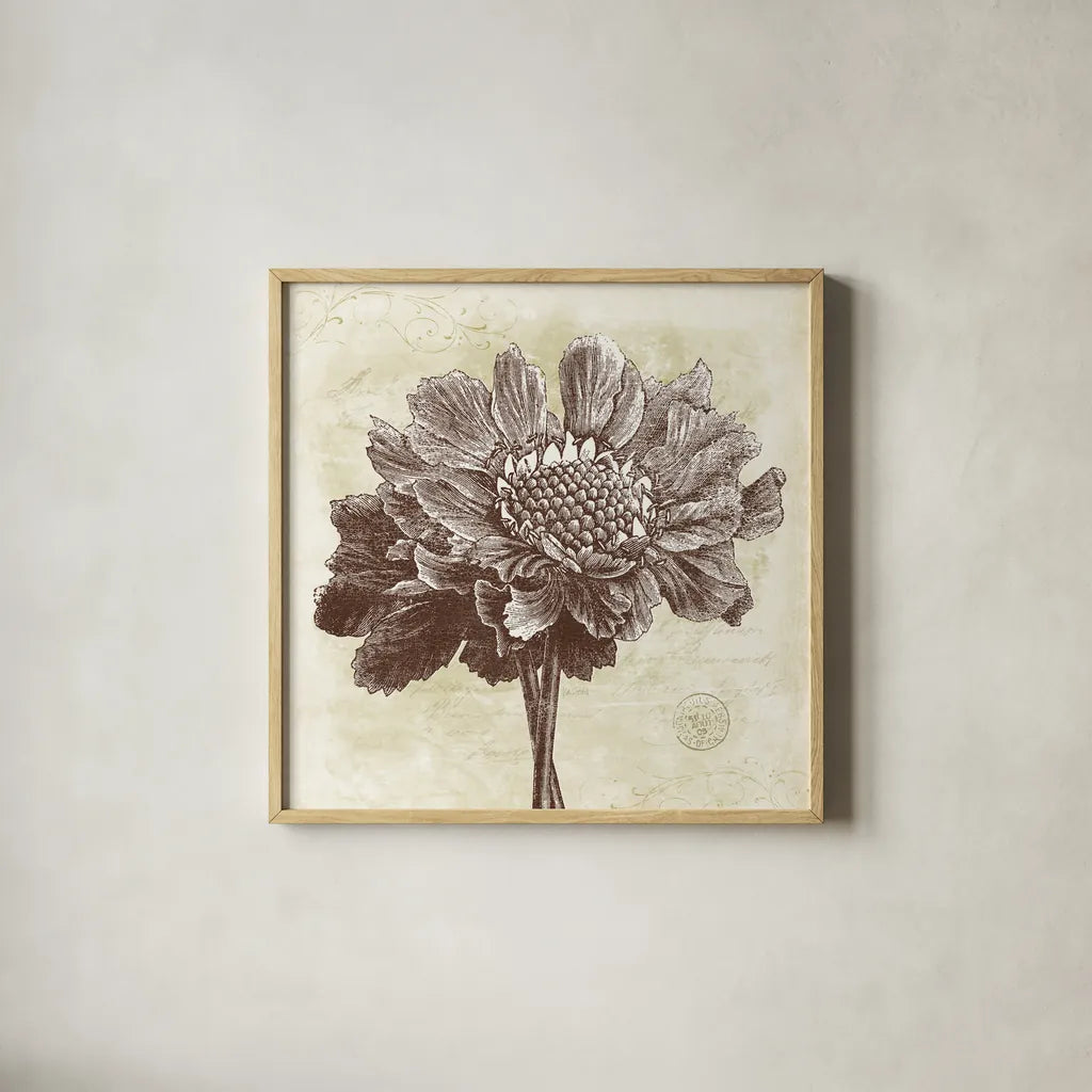 Spa Botanical I by Katie Pertiet. Shown in a natural wood glass frame for a timeless modern aesthetic. Available as an archival giclee rolled canvas, fine art paper, or poster print. SKU 12923a.