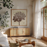 Spa Botanical I by Katie Pertiet. Shown in a natural wood frame in a cozy modern living room. Available as an archival giclee rolled canvas, fine art paper, or poster print. SKU 12923a.