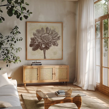 Spa Botanical I by Katie Pertiet. Shown in a natural wood frame in a cozy modern living room. Available as an archival giclee rolled canvas, fine art paper, or poster print. SKU 12923a.