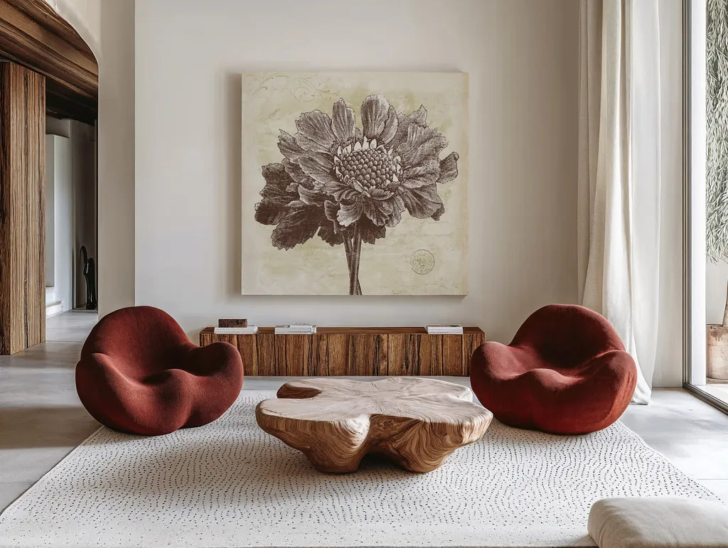 Spa Botanical I by Katie Pertiet. Shown as extra-large giant wall art in a modern living room. Available as an archival giclee rolled canvas, fine art paper, or poster print. SKU 12923a.