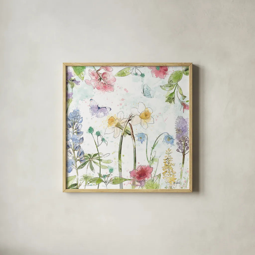 Spring Splash II by Katie Pertiet. Shown in a natural wood glass frame for a timeless modern aesthetic. Available as an archival giclee rolled canvas, fine art paper, or poster print. SKU 48822a.
