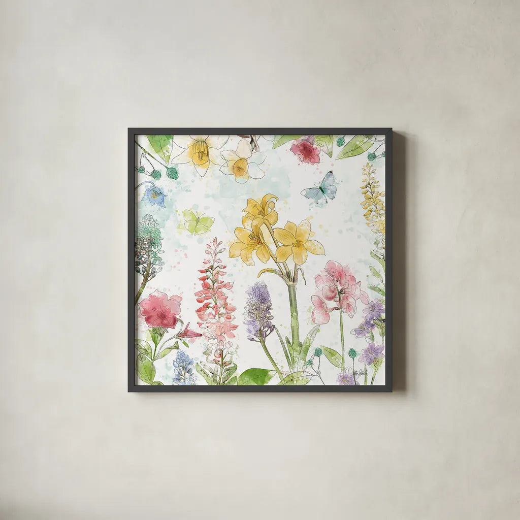 Spring Splash III by Katie Pertiet. Shown in a sleek black glass frame for a contemporary gallery look. Available as an archival giclee rolled canvas, fine art paper, or poster print. SKU 48823a.