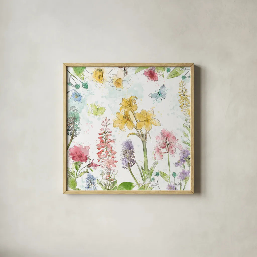 Spring Splash III by Katie Pertiet. Shown in a natural wood glass frame for a timeless modern aesthetic. Available as an archival giclee rolled canvas, fine art paper, or poster print. SKU 48823a.