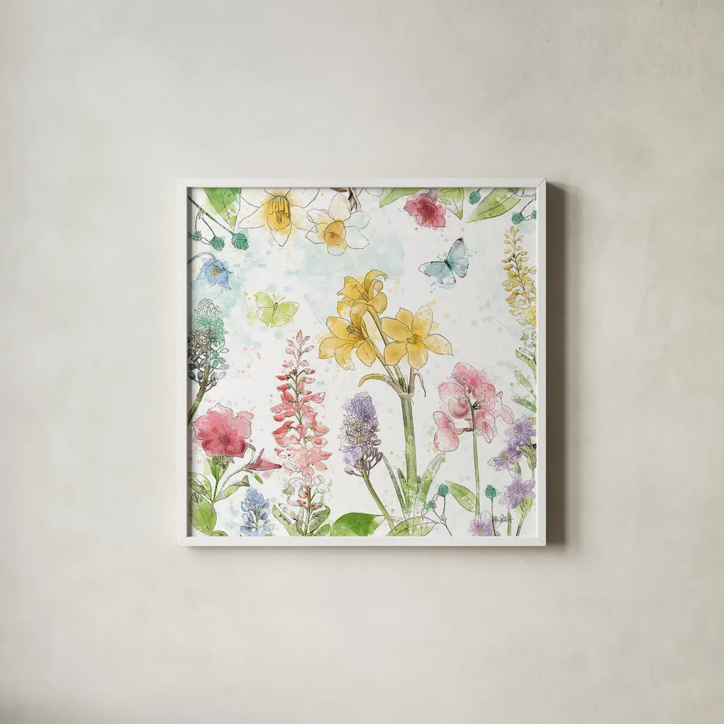 Spring Splash III by Katie Pertiet. Shown in a crisp white glass frame for a clean and minimalist style. Available as an archival giclee rolled canvas, fine art paper, or poster print. SKU 48823a.