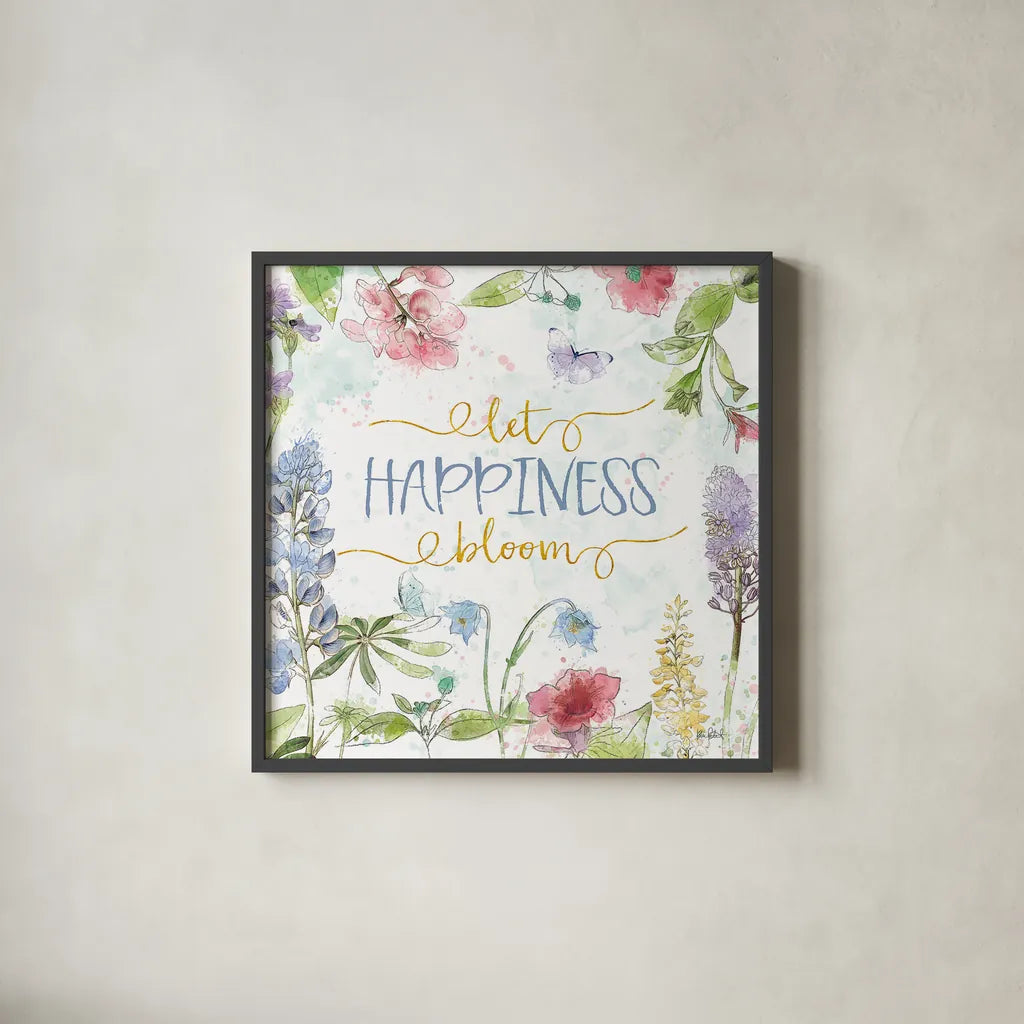 Spring Splash IV by Katie Pertiet. Shown in a sleek black glass frame for a contemporary gallery look. Available as an archival giclee rolled canvas, fine art paper, or poster print. SKU 48824a.