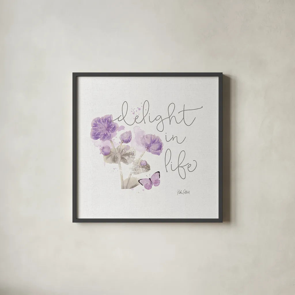 Sunny Day VI Purple by Katie Pertiet. Shown in a sleek black glass frame for a contemporary gallery look. Available as an archival giclee rolled canvas, fine art paper, or poster print. SKU 31678a.