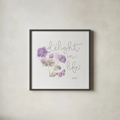 Sunny Day VI Purple by Katie Pertiet. Shown in a sleek black glass frame for a contemporary gallery look. Available as an archival giclee rolled canvas, fine art paper, or poster print. SKU 31678a.