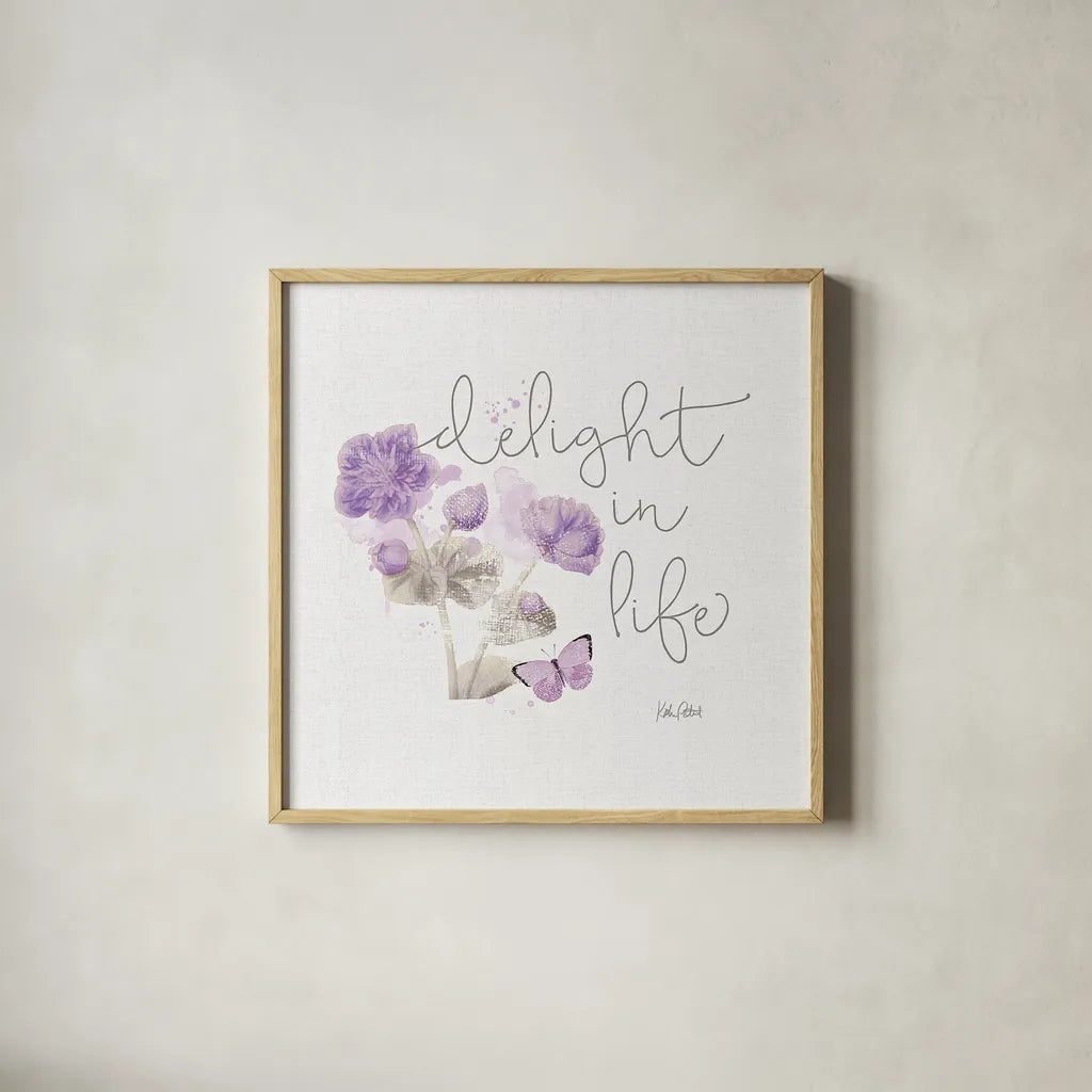 Sunny Day VI Purple by Katie Pertiet. Shown in a natural wood glass frame for a timeless modern aesthetic. Available as an archival giclee rolled canvas, fine art paper, or poster print. SKU 31678a.