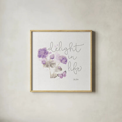 Sunny Day VI Purple by Katie Pertiet. Shown in a natural wood glass frame for a timeless modern aesthetic. Available as an archival giclee rolled canvas, fine art paper, or poster print. SKU 31678a.
