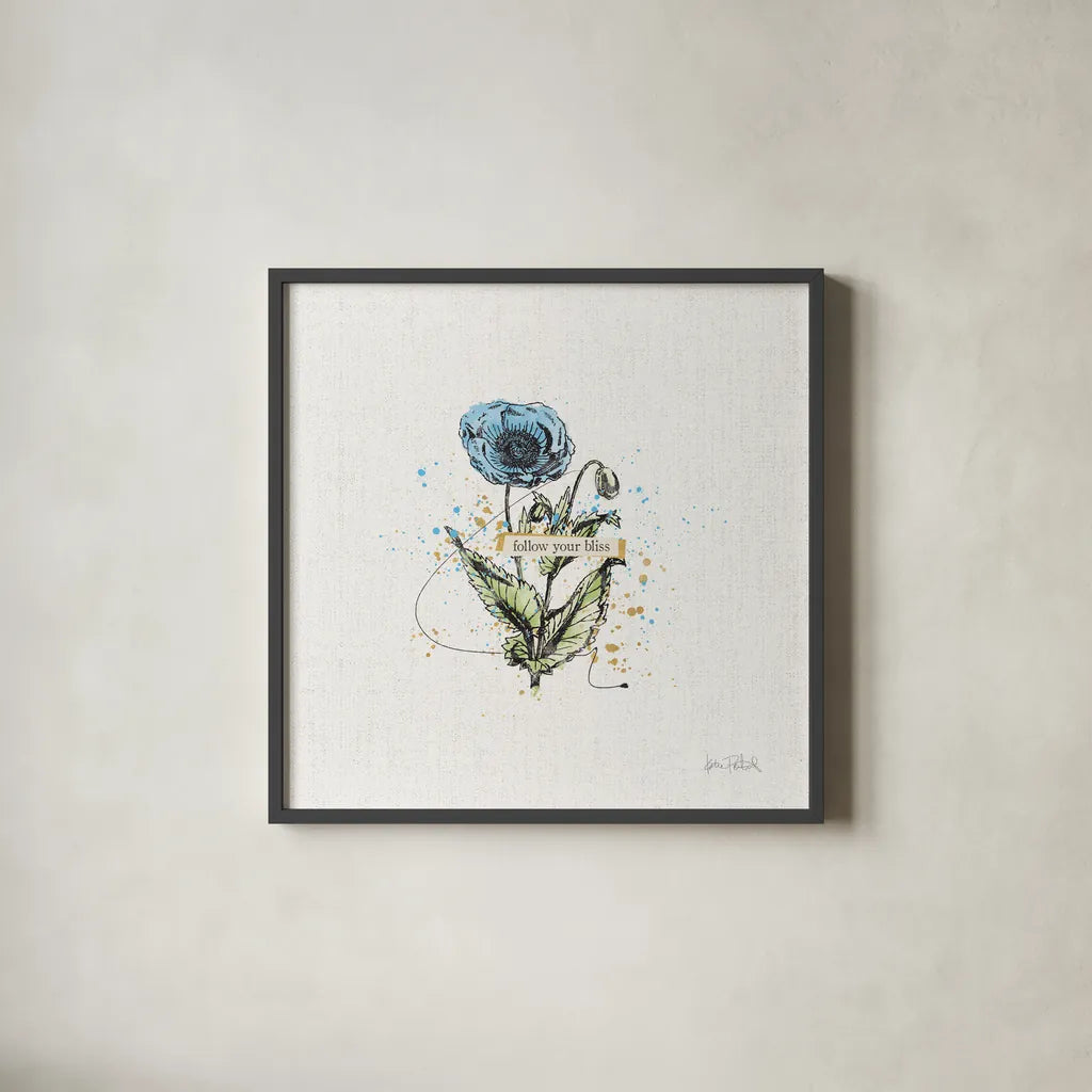Thoughtful Blooms I Bliss by Katie Pertiet. Shown in a sleek black glass frame for a contemporary gallery look. Available as an archival giclee rolled canvas, fine art paper, or poster print. SKU 38520a.