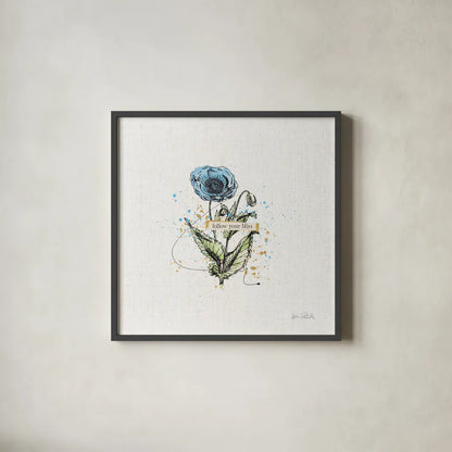 Thoughtful Blooms I Bliss by Katie Pertiet. Shown in a sleek black glass frame for a contemporary gallery look. Available as an archival giclee rolled canvas, fine art paper, or poster print. SKU 38520a.