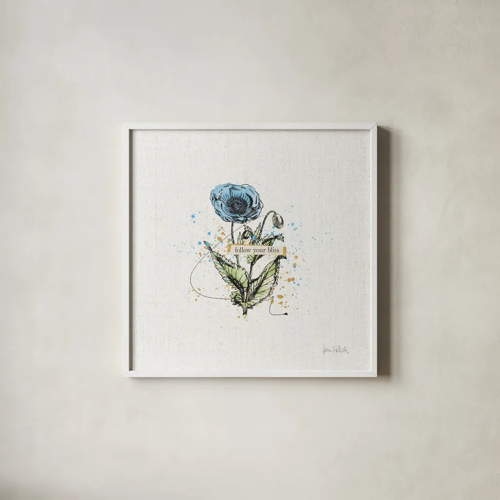 Thoughtful Blooms I Bliss by Katie Pertiet. Shown in a crisp white glass frame for a clean and minimalist style. Available as an archival giclee rolled canvas, fine art paper, or poster print. SKU 38520a.