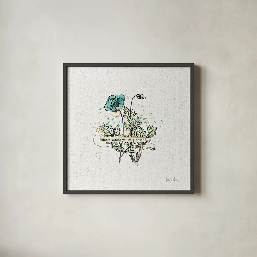 Thoughtful Blooms II by Katie Pertiet. Shown in a sleek black glass frame for a contemporary gallery look. Available as an archival giclee rolled canvas, fine art paper, or poster print. SKU 37581a.