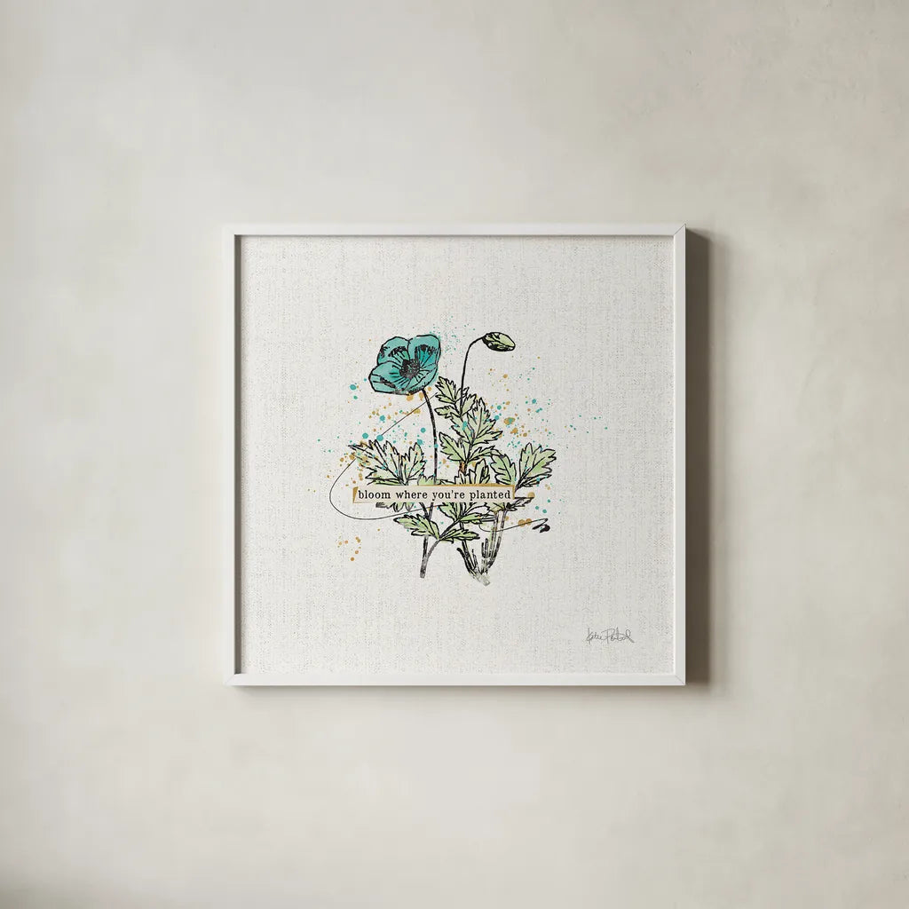 Thoughtful Blooms II by Katie Pertiet. Shown in a crisp white glass frame for a clean and minimalist style. Available as an archival giclee rolled canvas, fine art paper, or poster print. SKU 37581a.