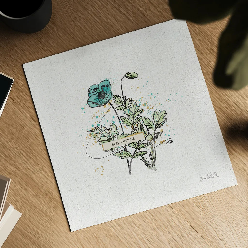 Thoughtful Blooms II Curious by Katie Pertiet. Shown as a detailed flat fine art print, highlighting archival giclee quality. Available as an archival giclee rolled canvas, fine art paper, or poster print. SKU 38521a.