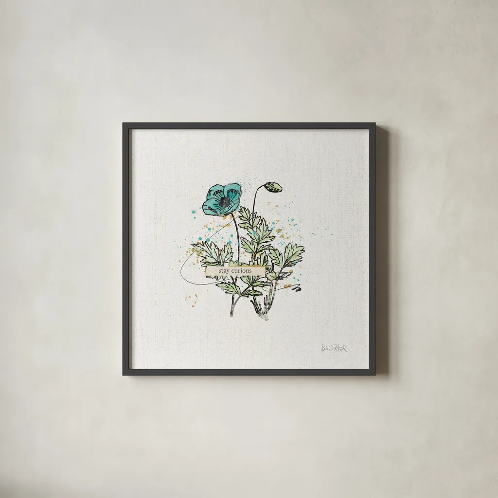 Thoughtful Blooms II Curious by Katie Pertiet. Shown in a sleek black glass frame for a contemporary gallery look. Available as an archival giclee rolled canvas, fine art paper, or poster print. SKU 38521a.