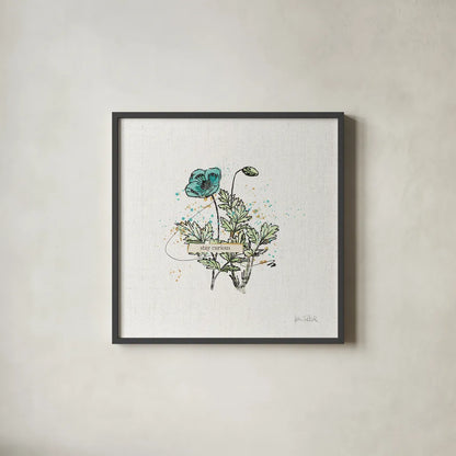 Thoughtful Blooms II Curious by Katie Pertiet. Shown in a sleek black glass frame for a contemporary gallery look. Available as an archival giclee rolled canvas, fine art paper, or poster print. SKU 38521a.