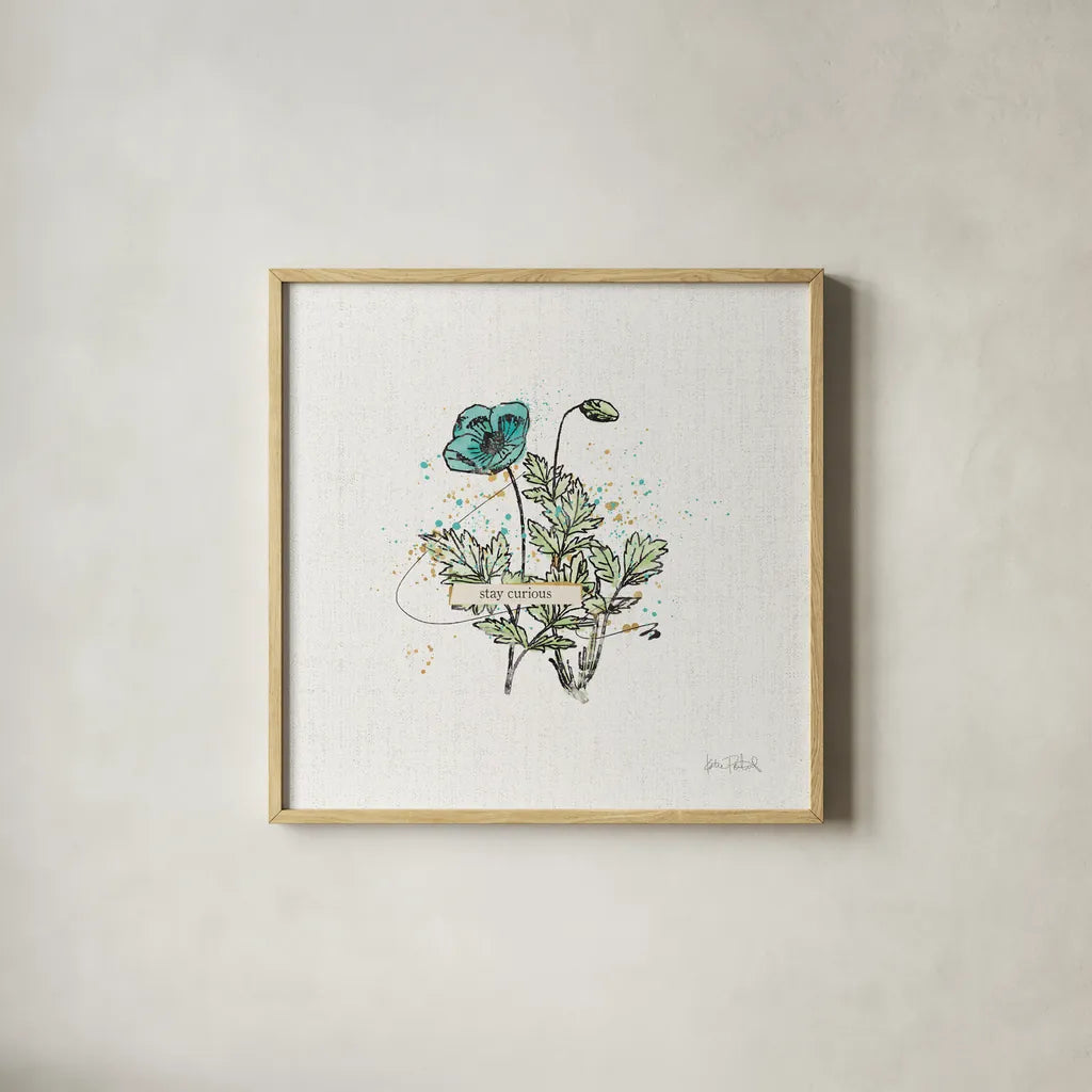 Thoughtful Blooms II Curious by Katie Pertiet. Shown in a natural wood glass frame for a timeless modern aesthetic. Available as an archival giclee rolled canvas, fine art paper, or poster print. SKU 38521a.