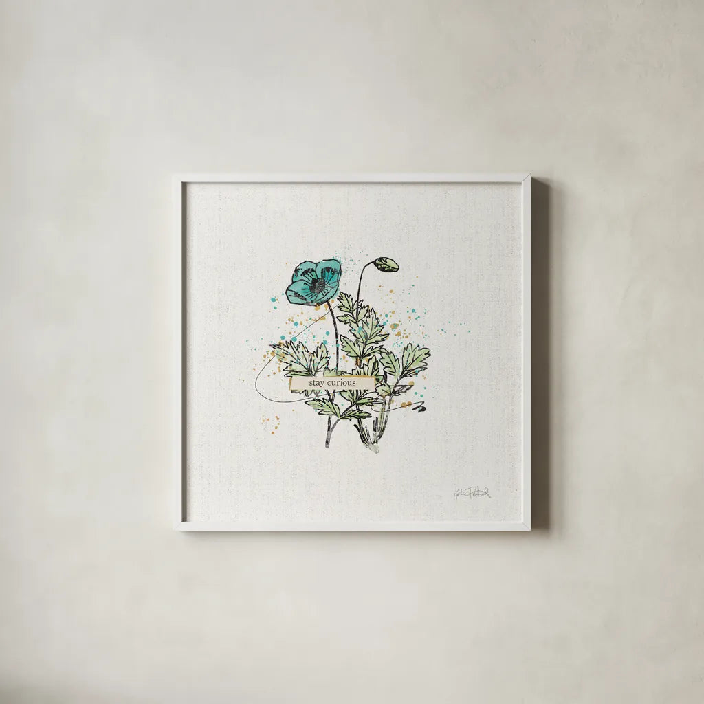 Thoughtful Blooms II Curious by Katie Pertiet. Shown in a crisp white glass frame for a clean and minimalist style. Available as an archival giclee rolled canvas, fine art paper, or poster print. SKU 38521a.