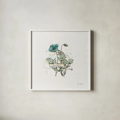 Thoughtful Blooms II Curious by Katie Pertiet. Shown in a crisp white glass frame for a clean and minimalist style. Available as an archival giclee rolled canvas, fine art paper, or poster print. SKU 38521a.