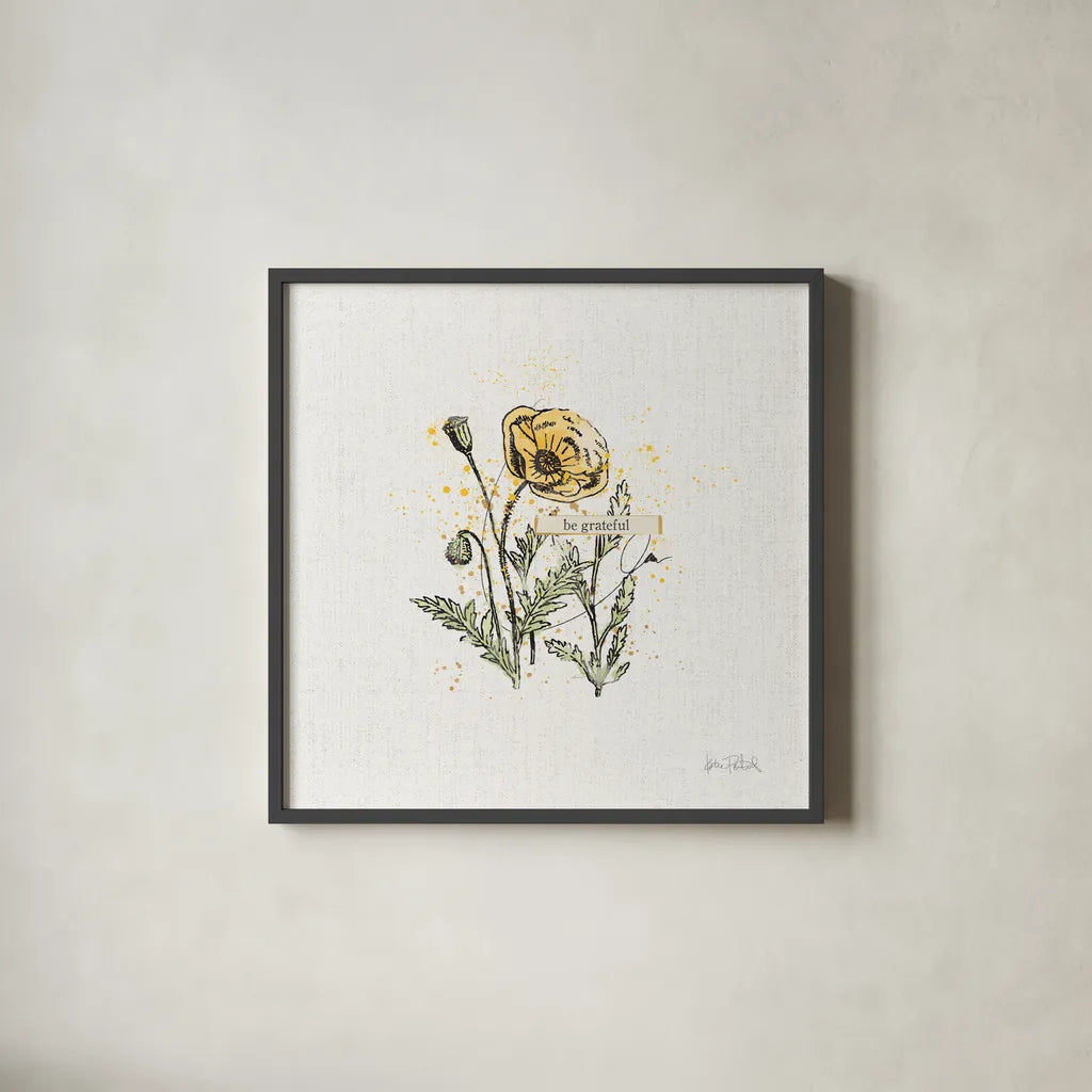 Thoughtful Blooms III Grateful by Katie Pertiet. Shown in a sleek black glass frame for a contemporary gallery look. Available as an archival giclee rolled canvas, fine art paper, or poster print. SKU 38522a.