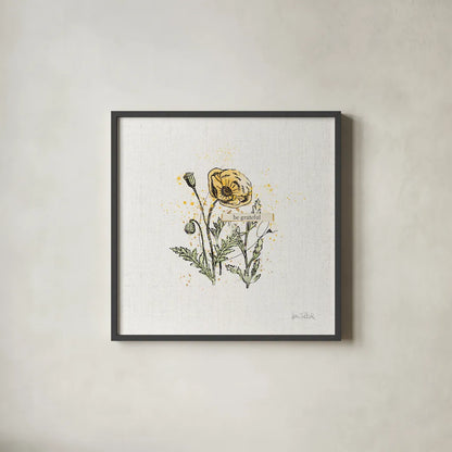 Thoughtful Blooms III Grateful by Katie Pertiet. Shown in a sleek black glass frame for a contemporary gallery look. Available as an archival giclee rolled canvas, fine art paper, or poster print. SKU 38522a.