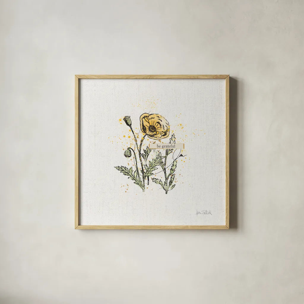 Thoughtful Blooms III Grateful by Katie Pertiet. Shown in a natural wood glass frame for a timeless modern aesthetic. Available as an archival giclee rolled canvas, fine art paper, or poster print. SKU 38522a.