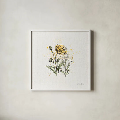 Thoughtful Blooms III Grateful by Katie Pertiet. Shown in a crisp white glass frame for a clean and minimalist style. Available as an archival giclee rolled canvas, fine art paper, or poster print. SKU 38522a.