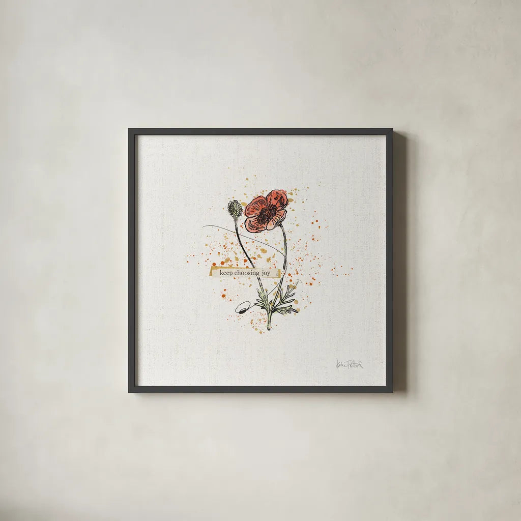 Thoughtful Blooms IV Joy by Katie Pertiet. Shown in a sleek black glass frame for a contemporary gallery look. Available as an archival giclee rolled canvas, fine art paper, or poster print. SKU 38523a.