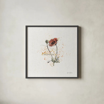 Thoughtful Blooms IV Joy by Katie Pertiet. Shown in a sleek black glass frame for a contemporary gallery look. Available as an archival giclee rolled canvas, fine art paper, or poster print. SKU 38523a.