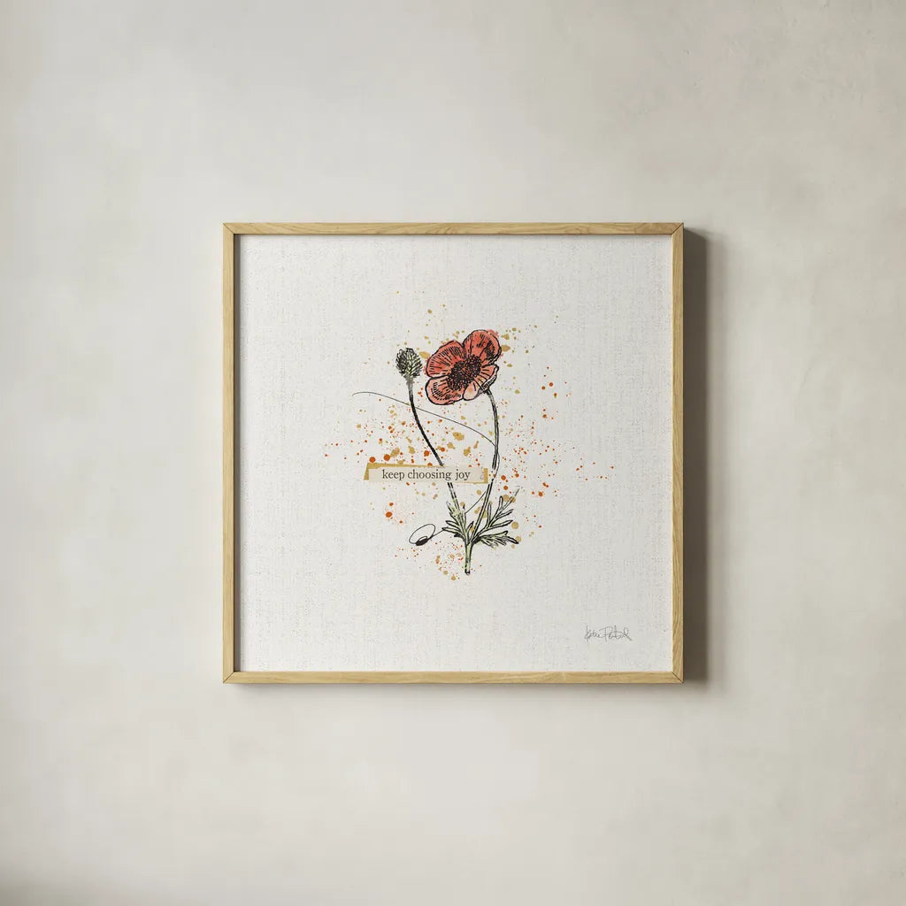 Thoughtful Blooms IV Joy by Katie Pertiet. Shown in a natural wood glass frame for a timeless modern aesthetic. Available as an archival giclee rolled canvas, fine art paper, or poster print. SKU 38523a.