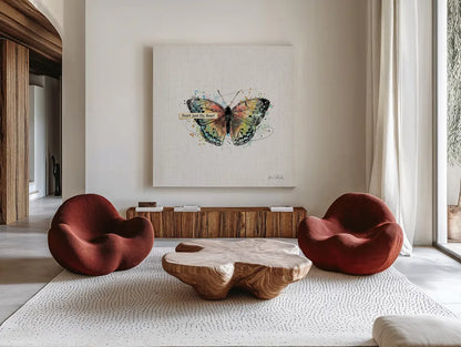Thoughtful Butterflies I by Katie Pertiet. Shown as extra-large giant wall art in a modern living room. Available as an archival giclee rolled canvas, fine art paper, or poster print. SKU 42469a.