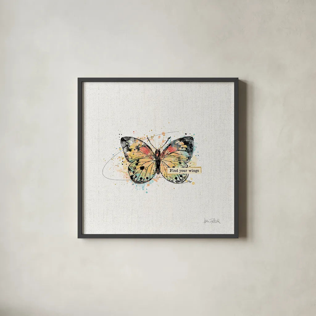 Thoughtful Butterflies II by Katie Pertiet. Shown in a sleek black glass frame for a contemporary gallery look. Available as an archival giclee rolled canvas, fine art paper, or poster print. SKU 42470a.