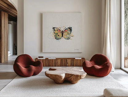 Thoughtful Butterflies II by Katie Pertiet. Shown as extra-large giant wall art in a modern living room. Available as an archival giclee rolled canvas, fine art paper, or poster print. SKU 42470a.
