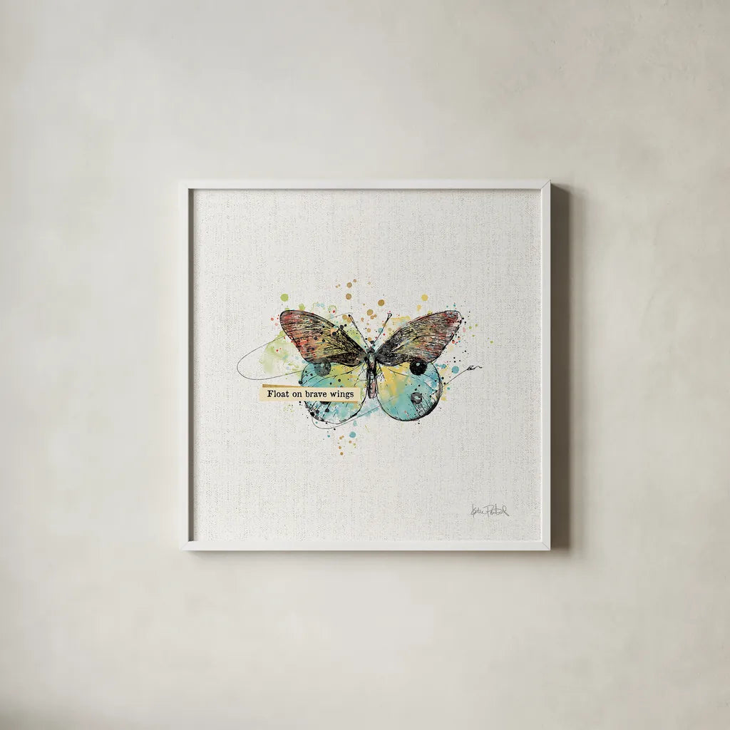 Thoughtful Butterflies III by Katie Pertiet. Shown in a crisp white glass frame for a clean and minimalist style. Available as an archival giclee rolled canvas, fine art paper, or poster print. SKU 42471a.