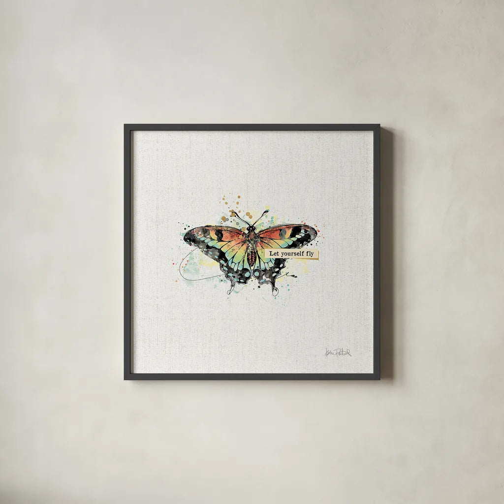 Thoughtful Butterflies IV by Katie Pertiet. Shown in a sleek black glass frame for a contemporary gallery look. Available as an archival giclee rolled canvas, fine art paper, or poster print. SKU 42472a.